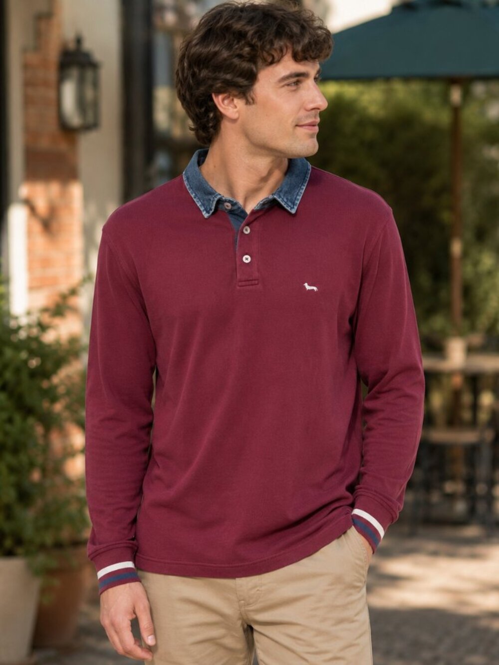 Harmont & Blaine Men's Long Sleeve Polo Shirt Burgundy Denim Collar Sz XXL